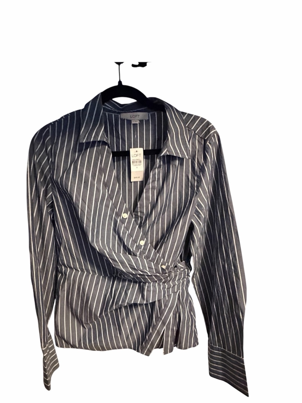 LOFT Gray and White Stripe Wrap Button-Front Shirt